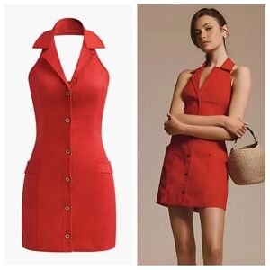 NWOT Commense Red Button Front Backless Halter Dress S